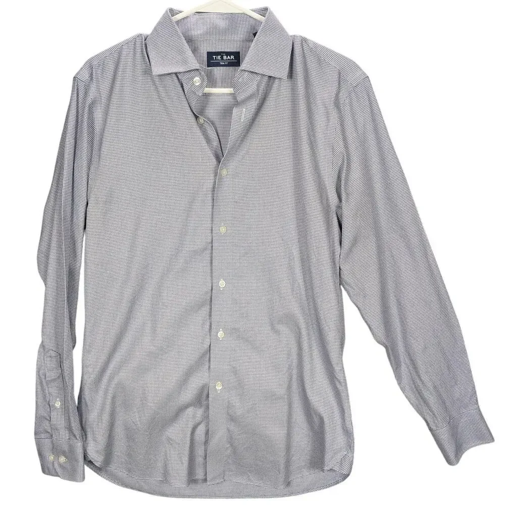 The Tie Bar Shirt Mens 15 32/33 Blue White Trim Fit Houndstooth Button Up Preppy